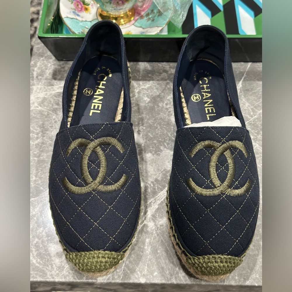 CHANEL Quilted Navy and Gold Espadrilles NWT
